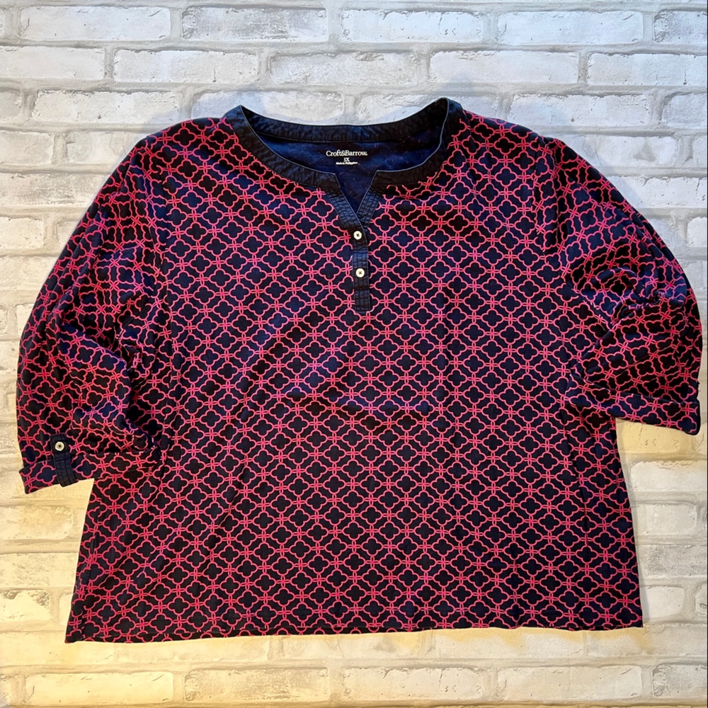 Croft&Barrow Navy and Pink 3/4 Sleeve Shirt Women's 3x